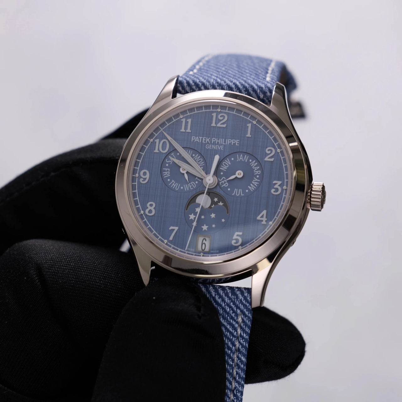 Patek Philippe Complications Annual Calendar 38mm 18K White Gold Blue Grey Dial Fixed Bezel (Ref 4946G-001) - WatchesOff5thWatch