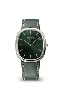 Thumbnail for Patek Philippe Golden Ellipse 31.1 x 35.6mm 18K White Gold Sunburst Olive Green Dial Ref 3738/100G-014 front view on the olive green calfskin strap