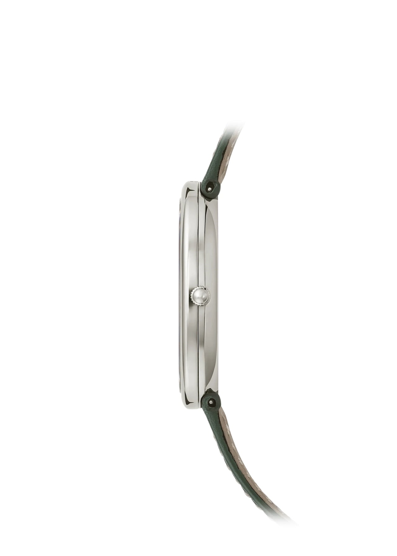 Patek Philippe Golden Ellipse 31.1 x 35.6mm 18K White Gold Sunburst Olive Green Dial Ref 3738/100G-014 case profile at 3 o'clock with the crown