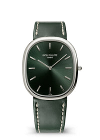 Thumbnail for Patek Philippe Golden Ellipse 34.5 x 39.5mm 18K White Gold Sunburst Olive Green Dial Ref 5738G-001 front view on the olive green calfskin strap