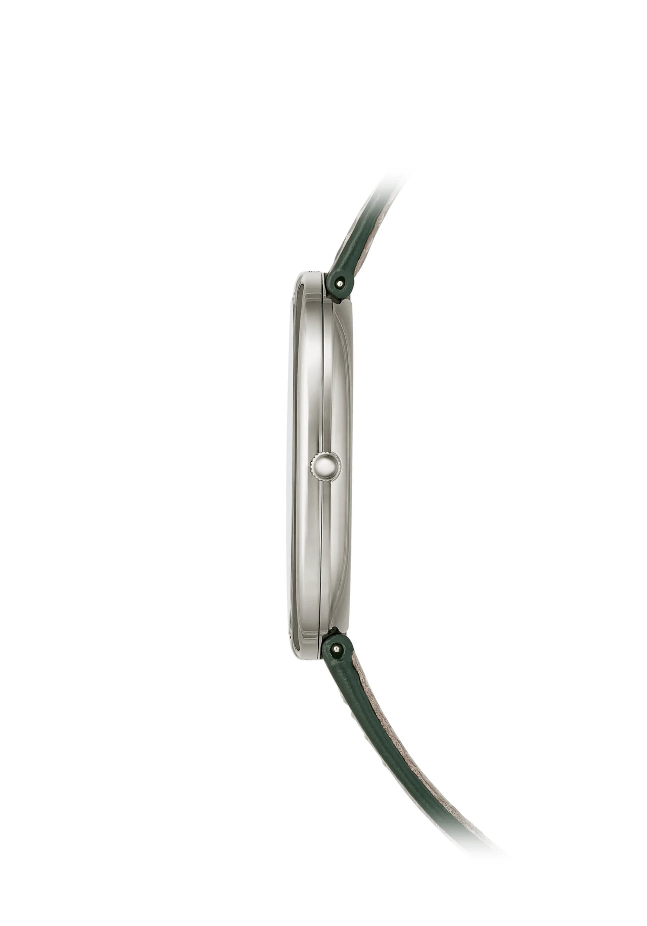 Patek Philippe Golden Ellipse 34.5 x 39.5mm 18K White Gold Sunburst Olive Green Dial Ref 5738G-001 case profile at 3 o'clock with the crown