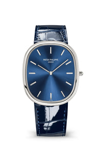 Thumbnail for Patek Philippe Golden Ellipse 34.5 x 39.5mm Platinum Sunburst Blue Dial Ref 5738P-001 front view on the navy blue alligator strap