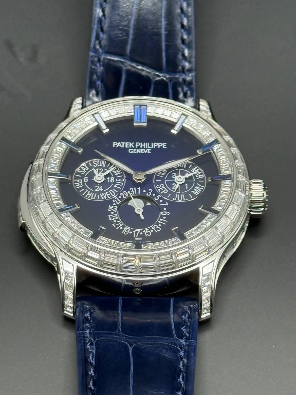 Patek Philippe Grand Complications Minute Repeater Perpetual Calendar 42mm Platinum Blue Dial Diamond Bezel (Ref 5374/300P-001) - WatchesOff5thWatch