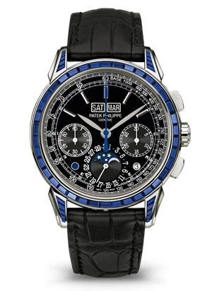 Patek Philippe 5271/11P-001 platinum perpetual calendar chronograph with baguette blue sapphire bezel
