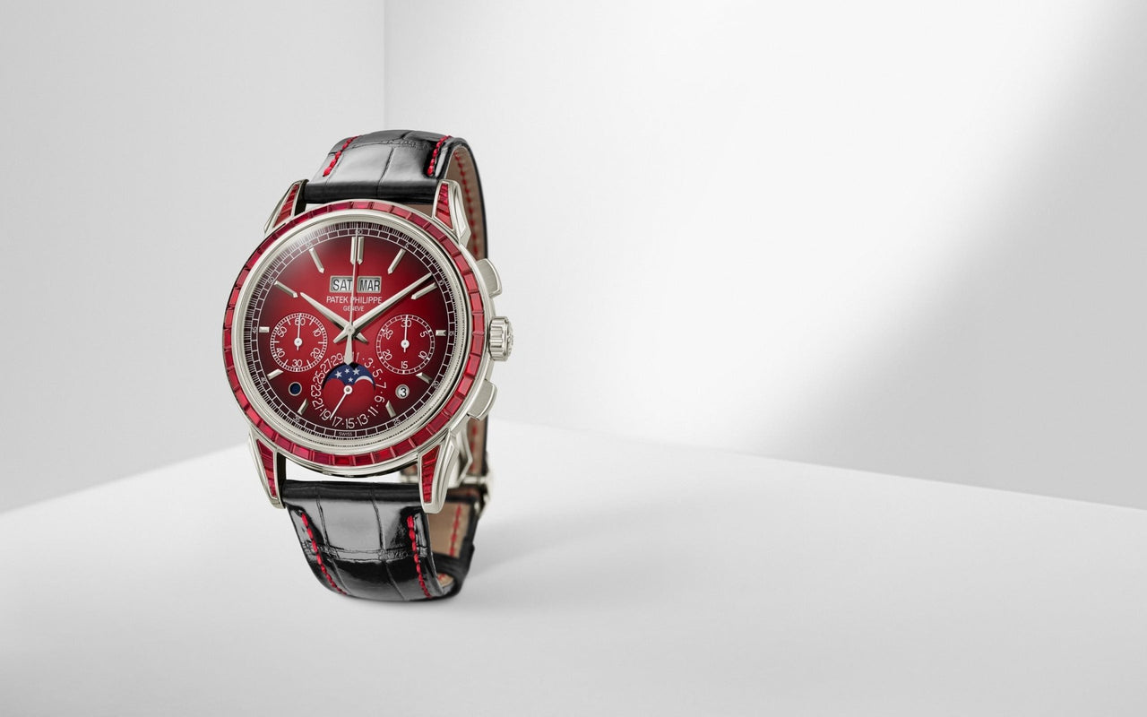 Patek Philippe Grand Complications Perpetual Calendar Chronograph 41mm Platinum Lacquered Red Dial Ruby Bezel (Ref 5271/12P-010) - WatchesOff5thWatch