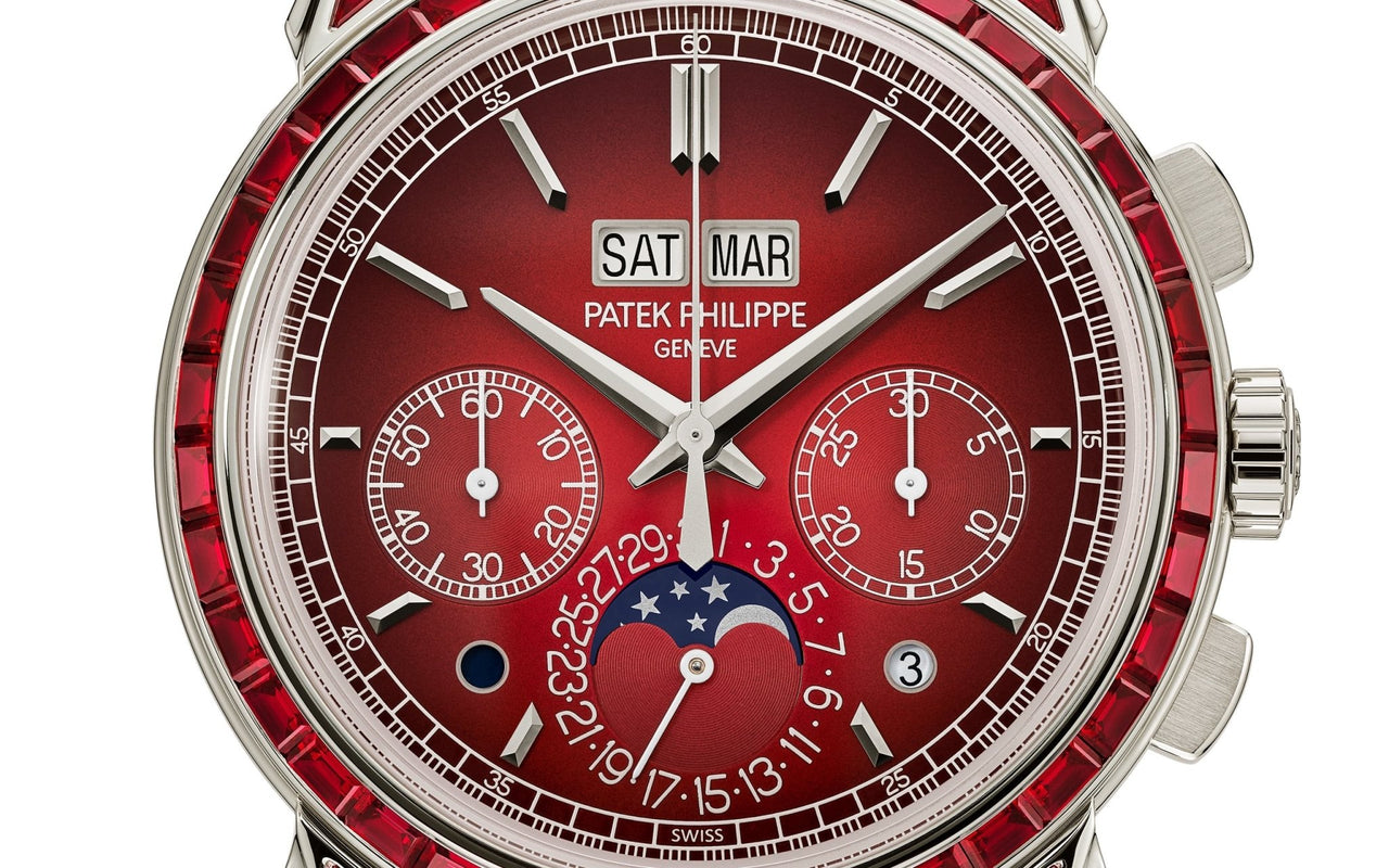 Patek Philippe Grand Complications Perpetual Calendar Chronograph 41mm Platinum Lacquered Red Dial Ruby Bezel (Ref 5271/12P-010) - WatchesOff5thWatch