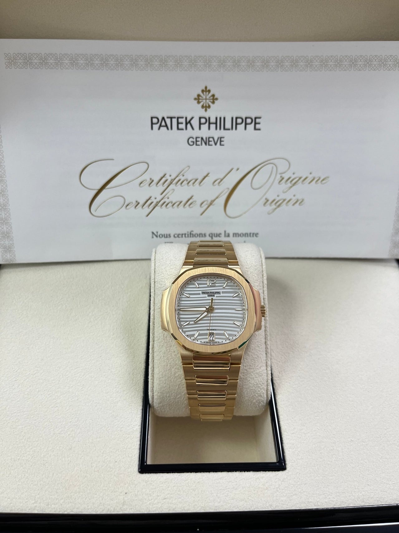 Patek Philippe Ladies Rose Gold Nautilus White Silver Opaline Dial Tiffany Papers 7118/1R-001 - WatchesOff5th
