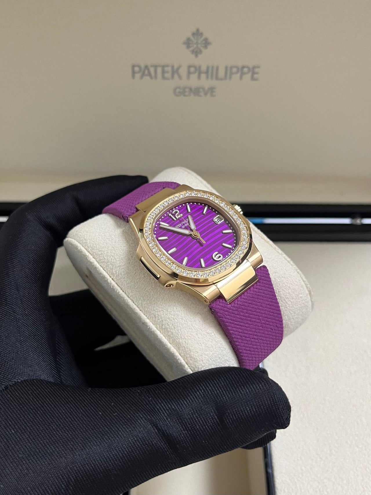 Patek Philippe Nautilus 32mm Diamond Bezel Rose Gold Purple Wave Dial 7010R - 013 - WatchesOff5th