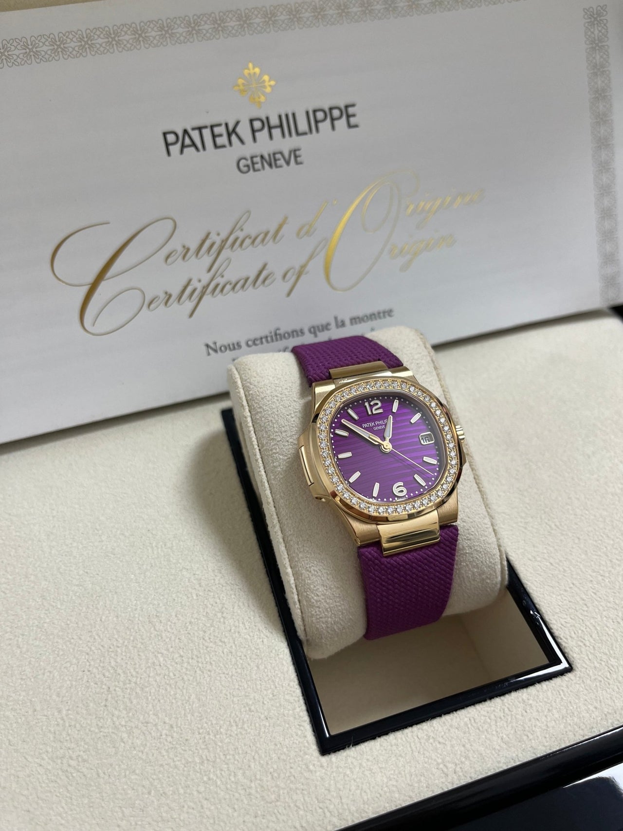 Patek Philippe Nautilus 32mm Diamond Bezel Rose Gold Purple Wave Dial 7010R - 013 - WatchesOff5th