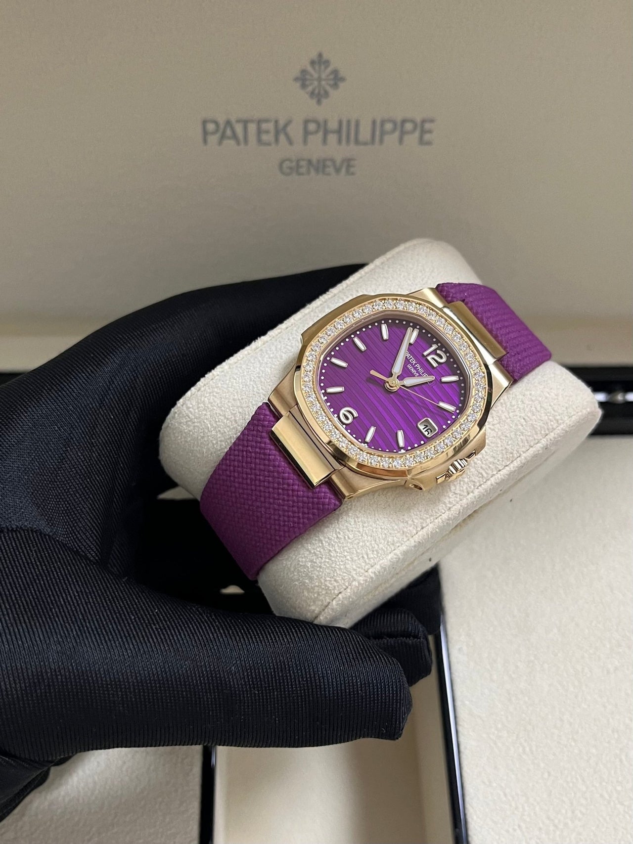 Patek Philippe Nautilus 32mm Diamond Bezel Rose Gold Purple Wave Dial 7010R - 013 - WatchesOff5th