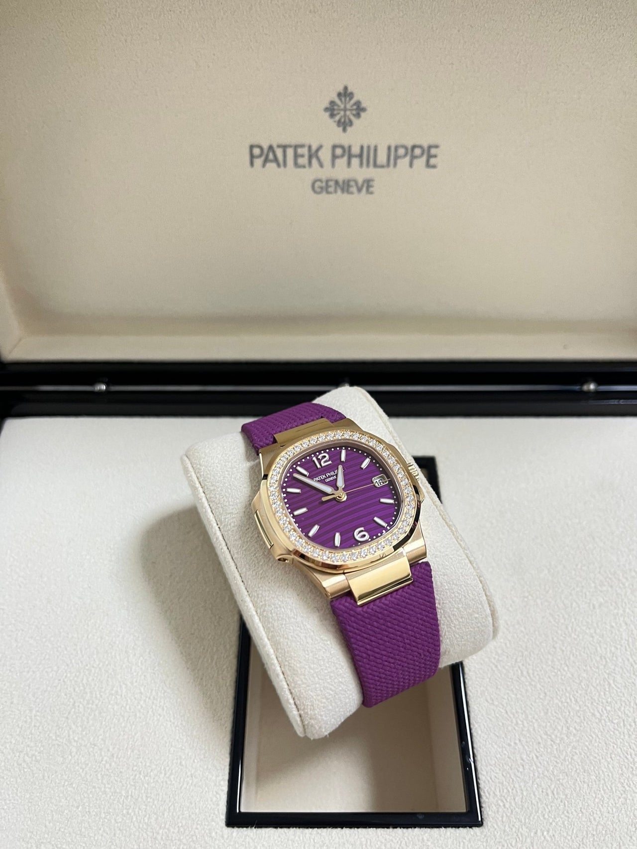 Patek Philippe Nautilus 32mm Diamond Bezel Rose Gold Purple Wave Dial 7010R - 013 - WatchesOff5th