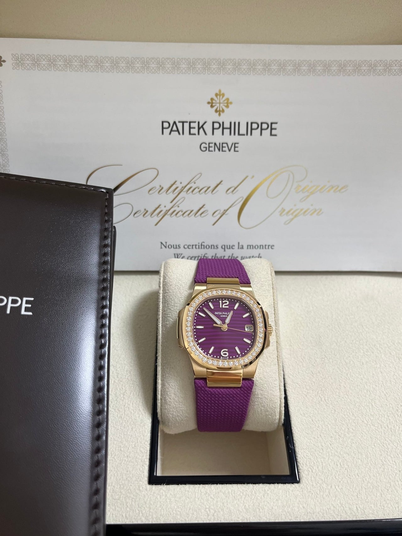 Patek Philippe Nautilus 32mm Diamond Bezel Rose Gold Purple Wave Dial 7010R - 013 - WatchesOff5th