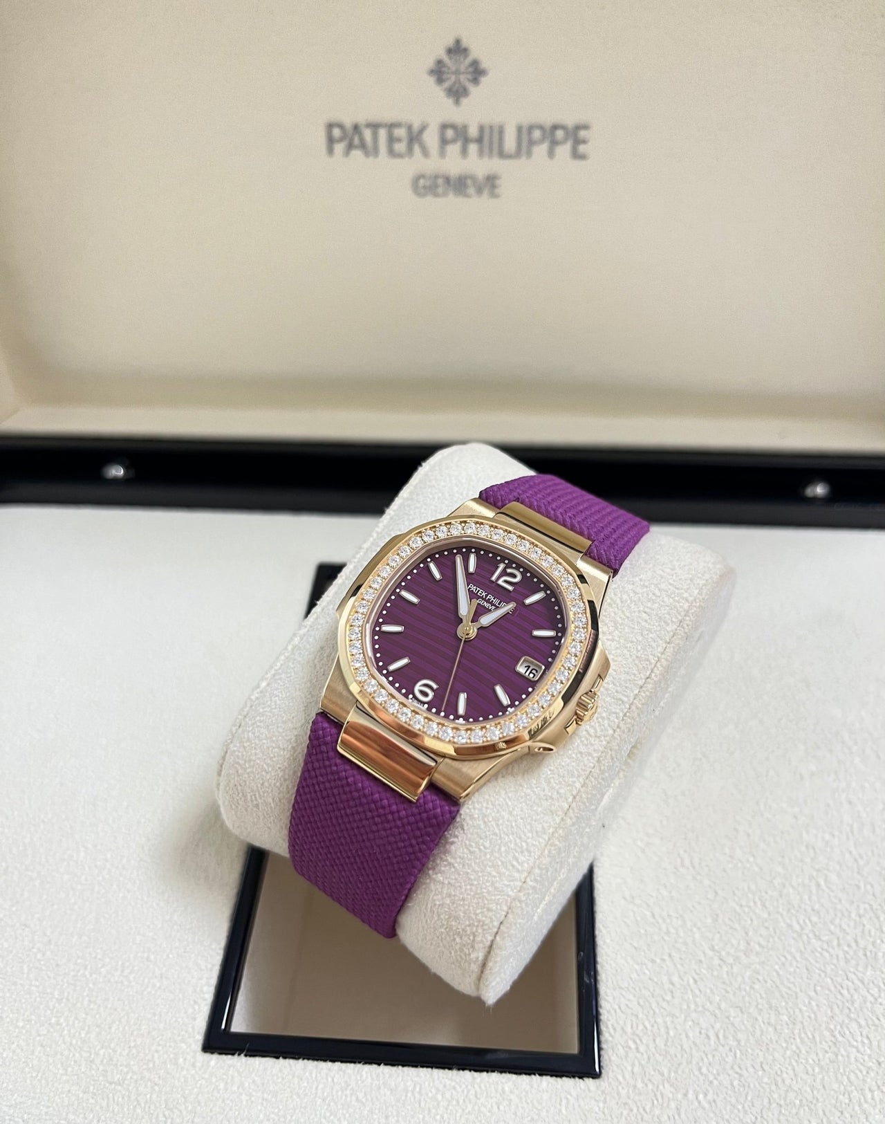 Patek Philippe Nautilus 32mm Diamond Bezel Rose Gold Purple Wave Dial 7010R - 013 - WatchesOff5th