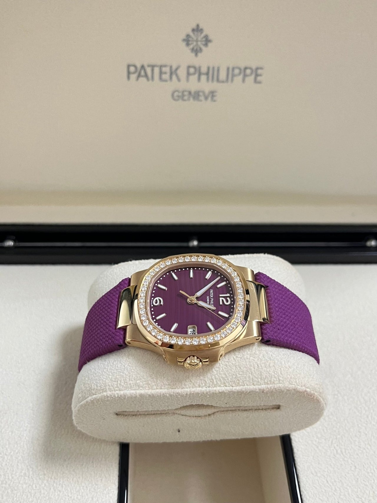 Patek Philippe Nautilus 32mm Diamond Bezel Rose Gold Purple Wave Dial 7010R - 013 - WatchesOff5th