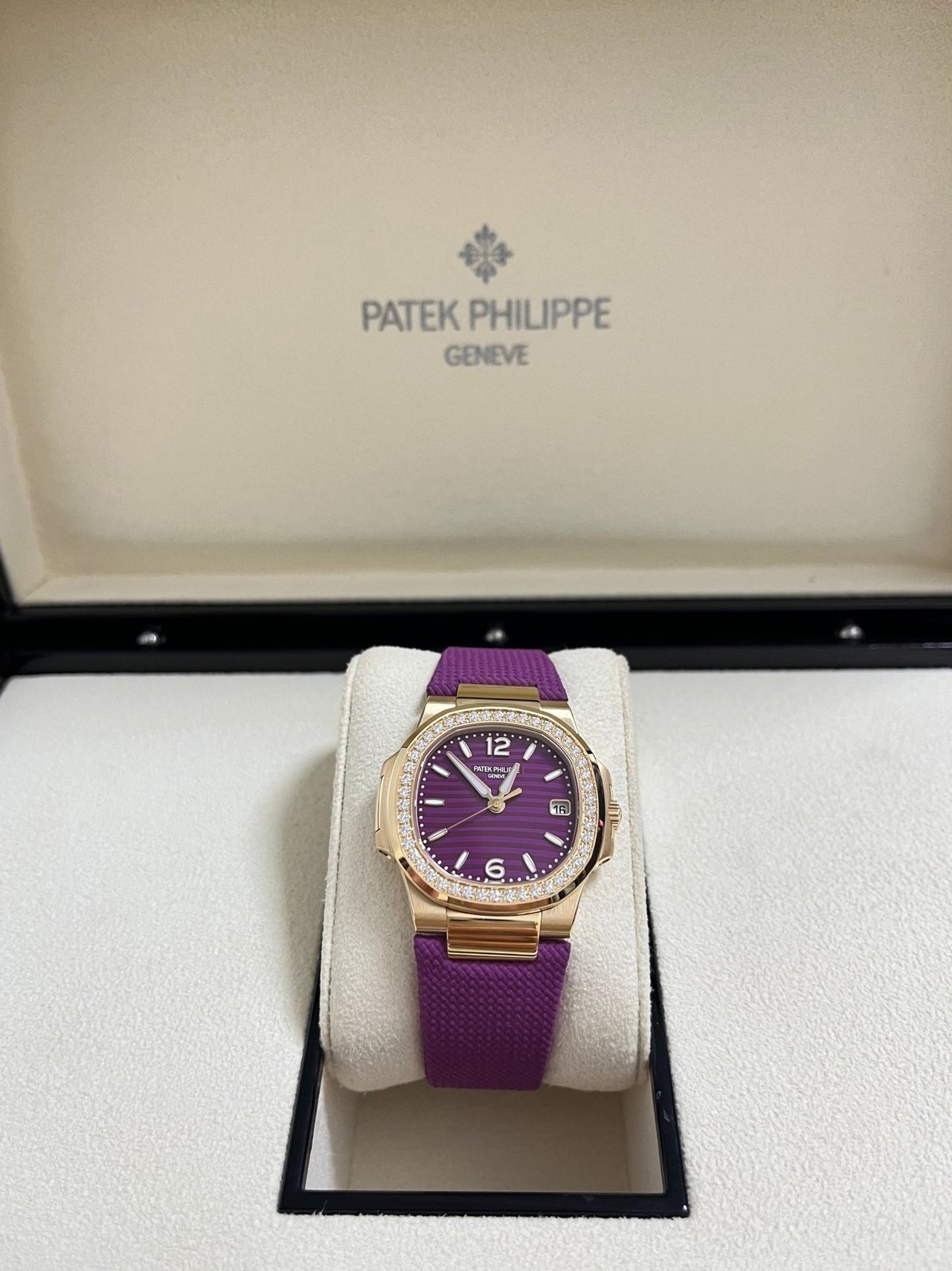 Patek Philippe Nautilus 32mm Diamond Bezel Rose Gold Purple Wave Dial 7010R - 013 - WatchesOff5th