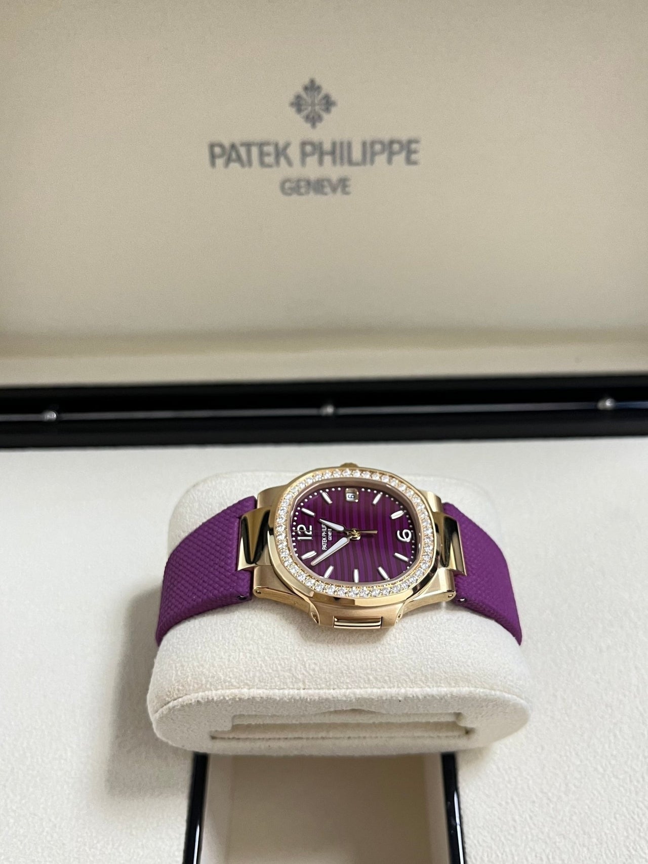 Patek Philippe Nautilus 32mm Diamond Bezel Rose Gold Purple Wave Dial 7010R - 013 - WatchesOff5th