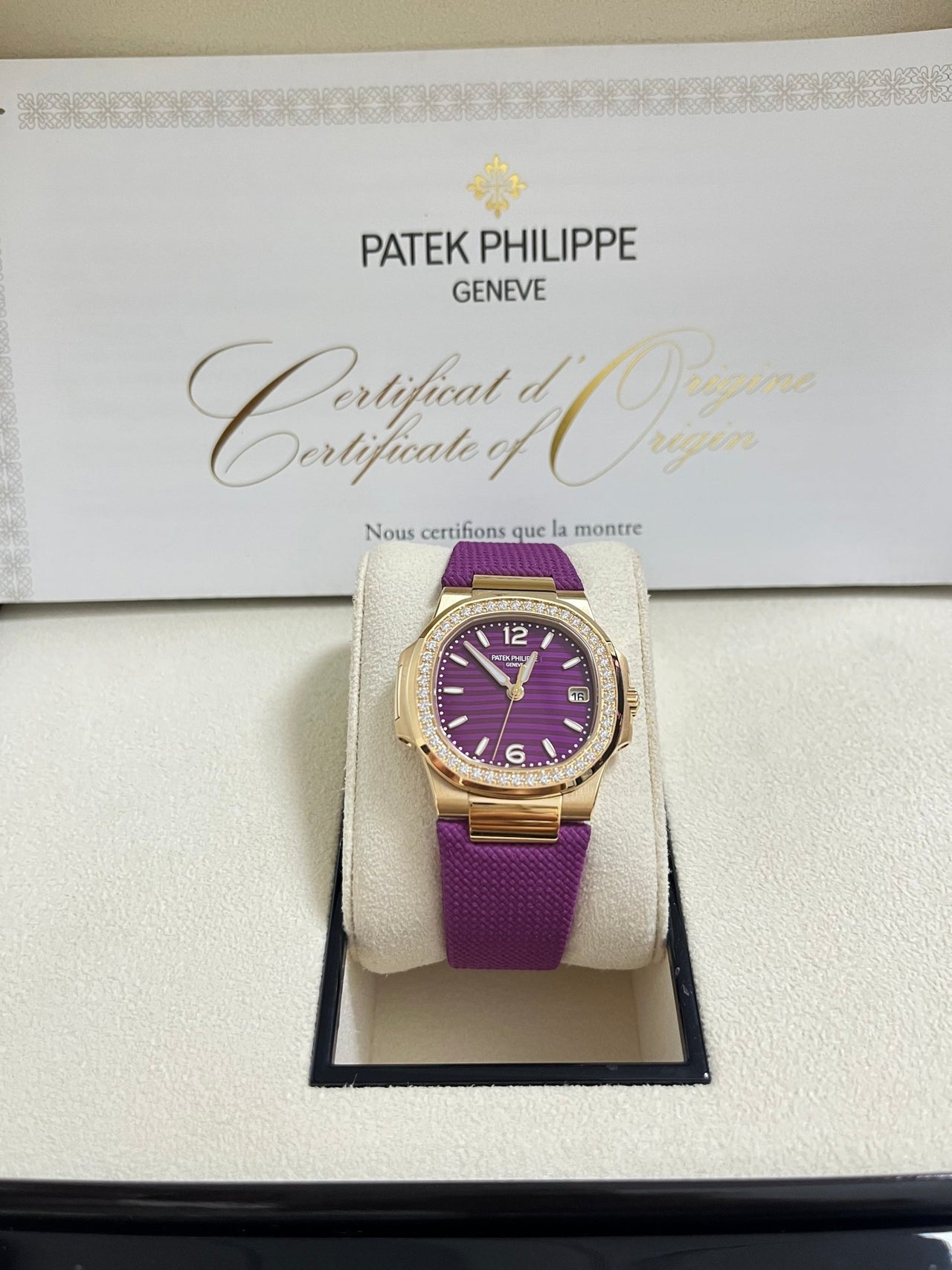 Patek Philippe Nautilus 32mm Diamond Bezel Rose Gold Purple Wave Dial 7010R - 013 - WatchesOff5th