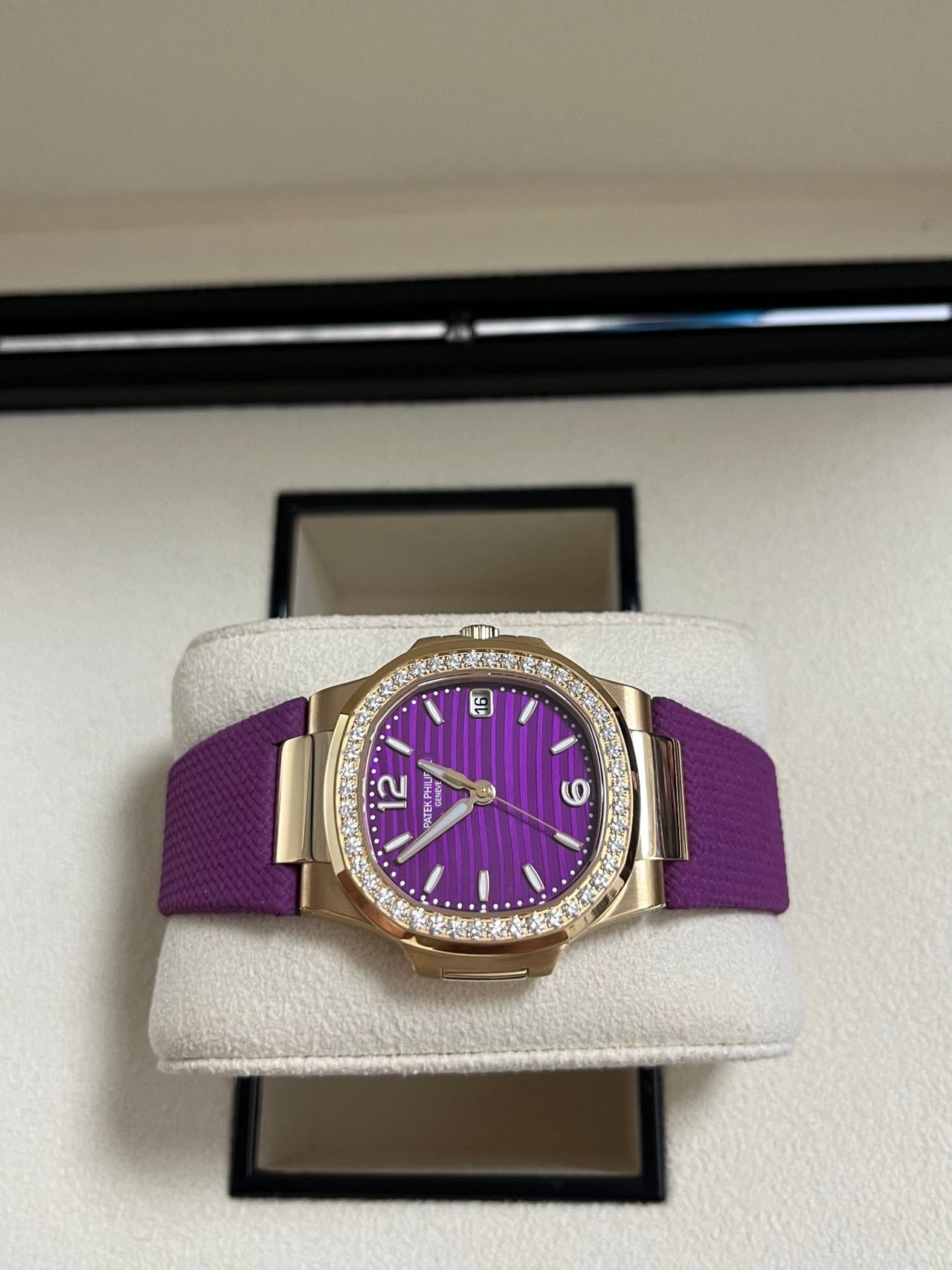 Patek Philippe Nautilus 32mm Diamond Bezel Rose Gold Purple Wave Dial 7010R - 013 - WatchesOff5th