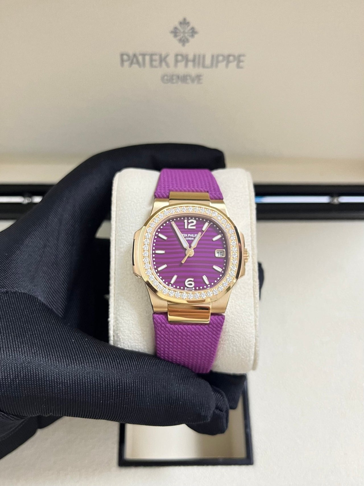 Patek Philippe Nautilus 32mm Diamond Bezel Rose Gold Purple Wave Dial 7010R - 013 - WatchesOff5th