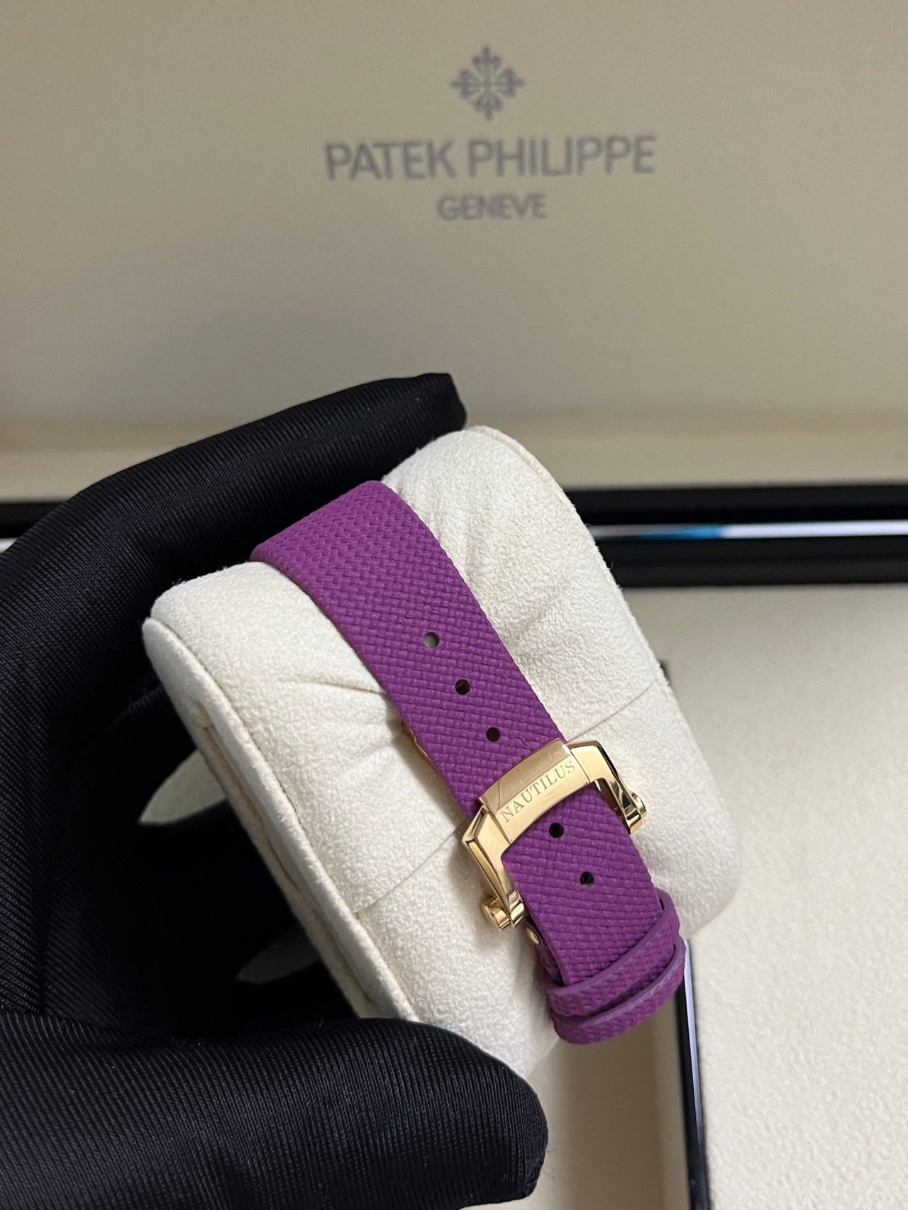 Patek Philippe Nautilus 32mm Diamond Bezel Rose Gold Purple Wave Dial 7010R - 013 - WatchesOff5th