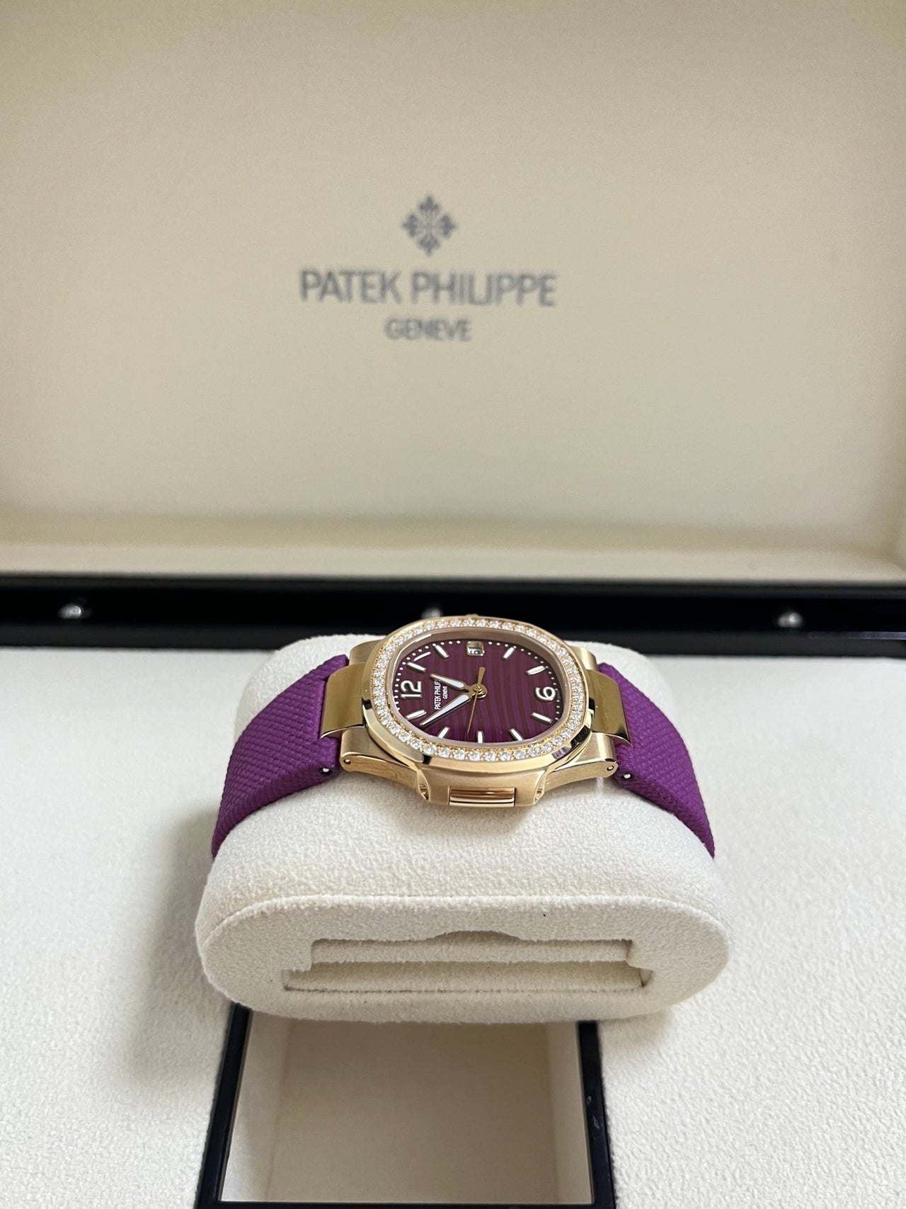 Patek Philippe Nautilus 32mm Diamond Bezel Rose Gold Purple Wave Dial 7010R - 013 - WatchesOff5th