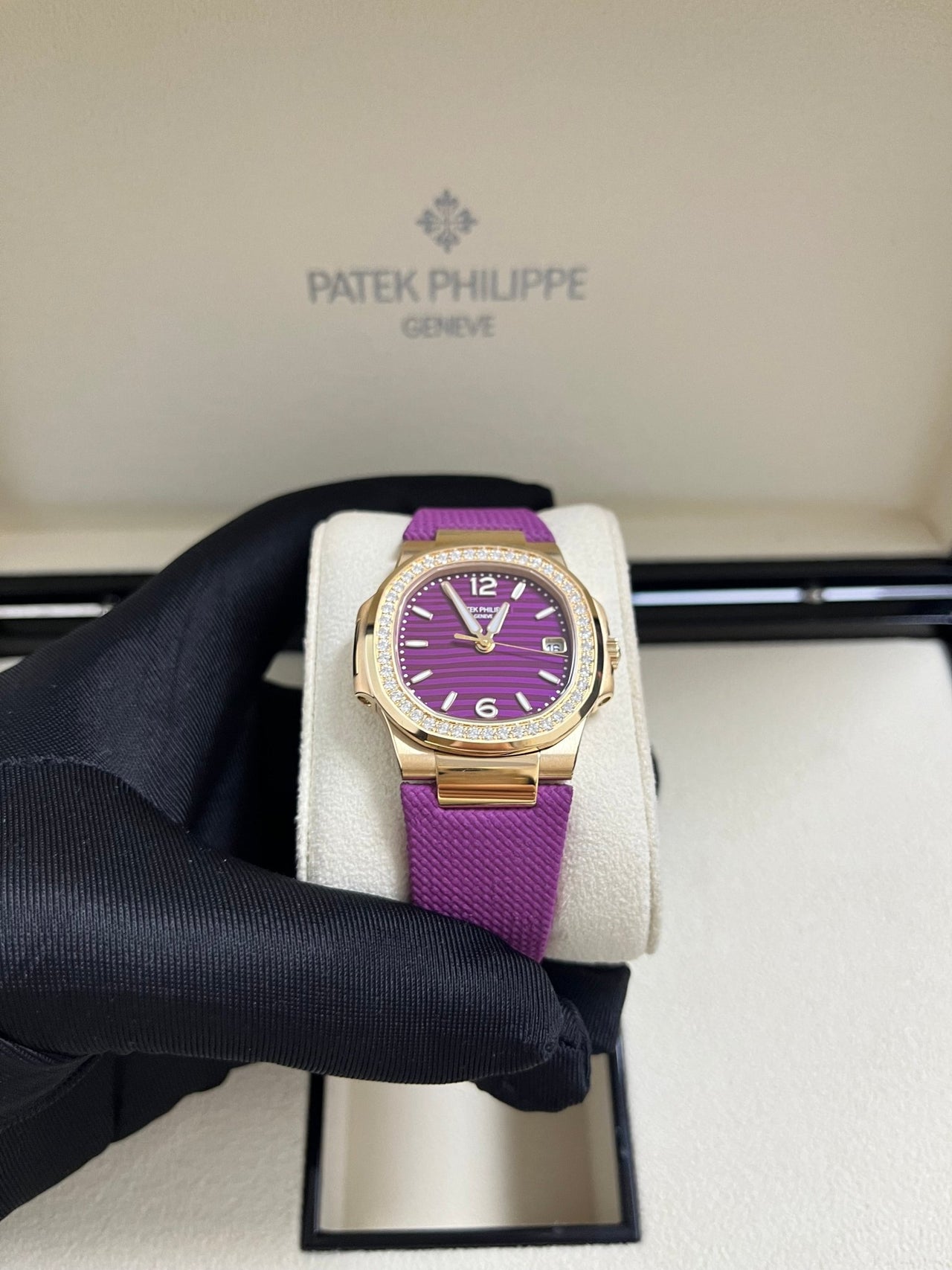 Patek Philippe Nautilus 32mm Diamond Bezel Rose Gold Purple Wave Dial 7010R - 013 - WatchesOff5th