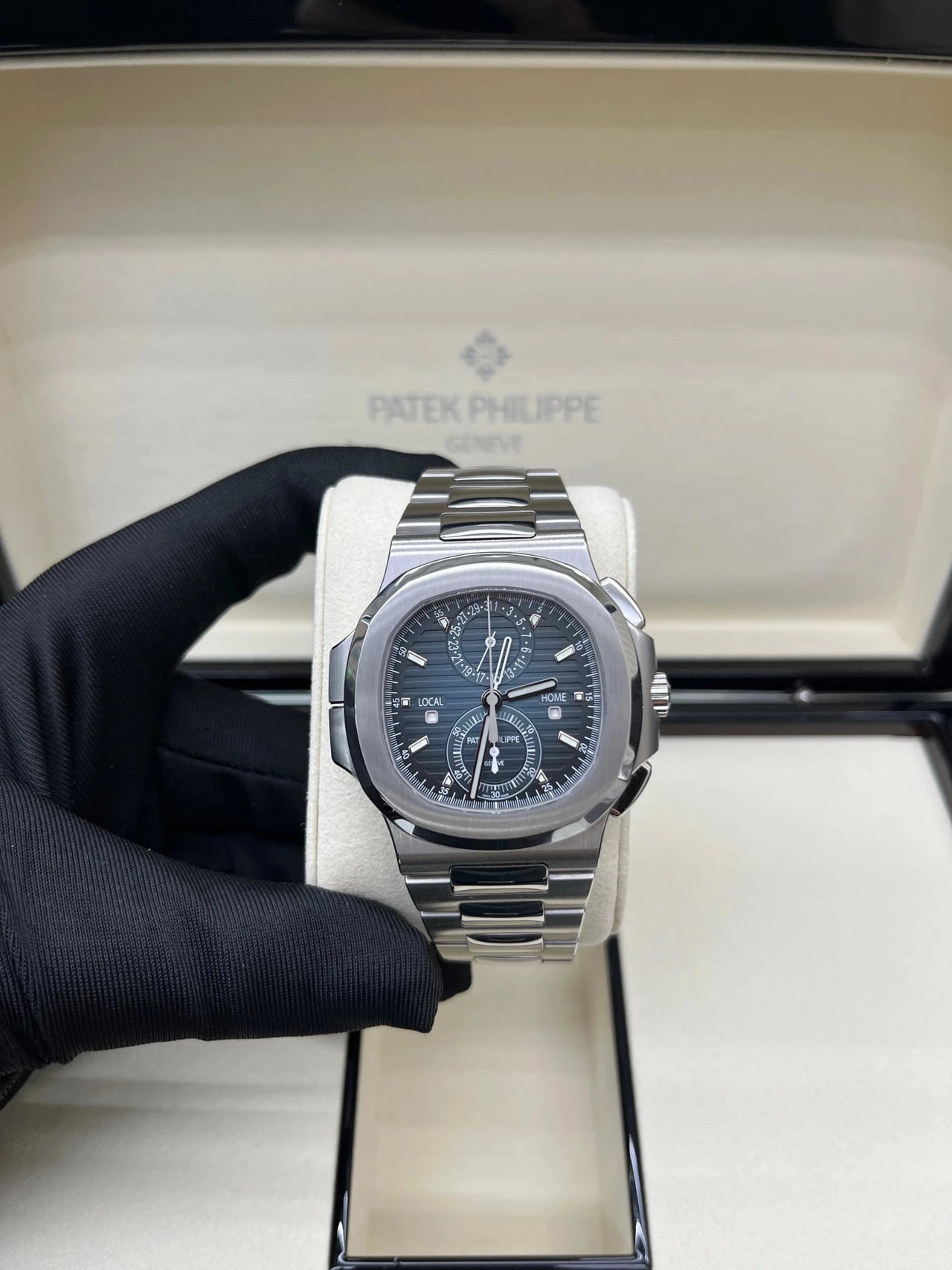 Patek Philippe Nautilus 40 mm Steel Nautilus Travel Time Chronograph Blue Dial 5990/1A - 011 - WatchesOff5thWatch