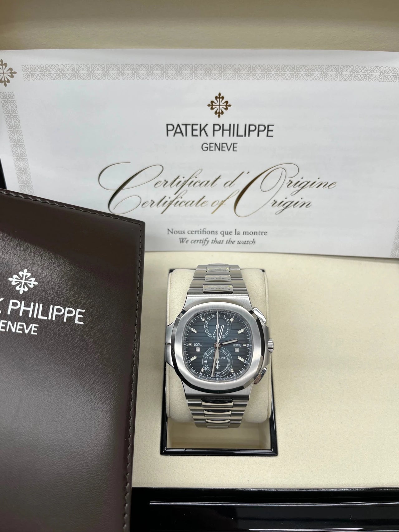 Patek Philippe Nautilus 40 mm Steel Nautilus Travel Time Chronograph Blue Dial 5990/1A - 011 - WatchesOff5thWatch