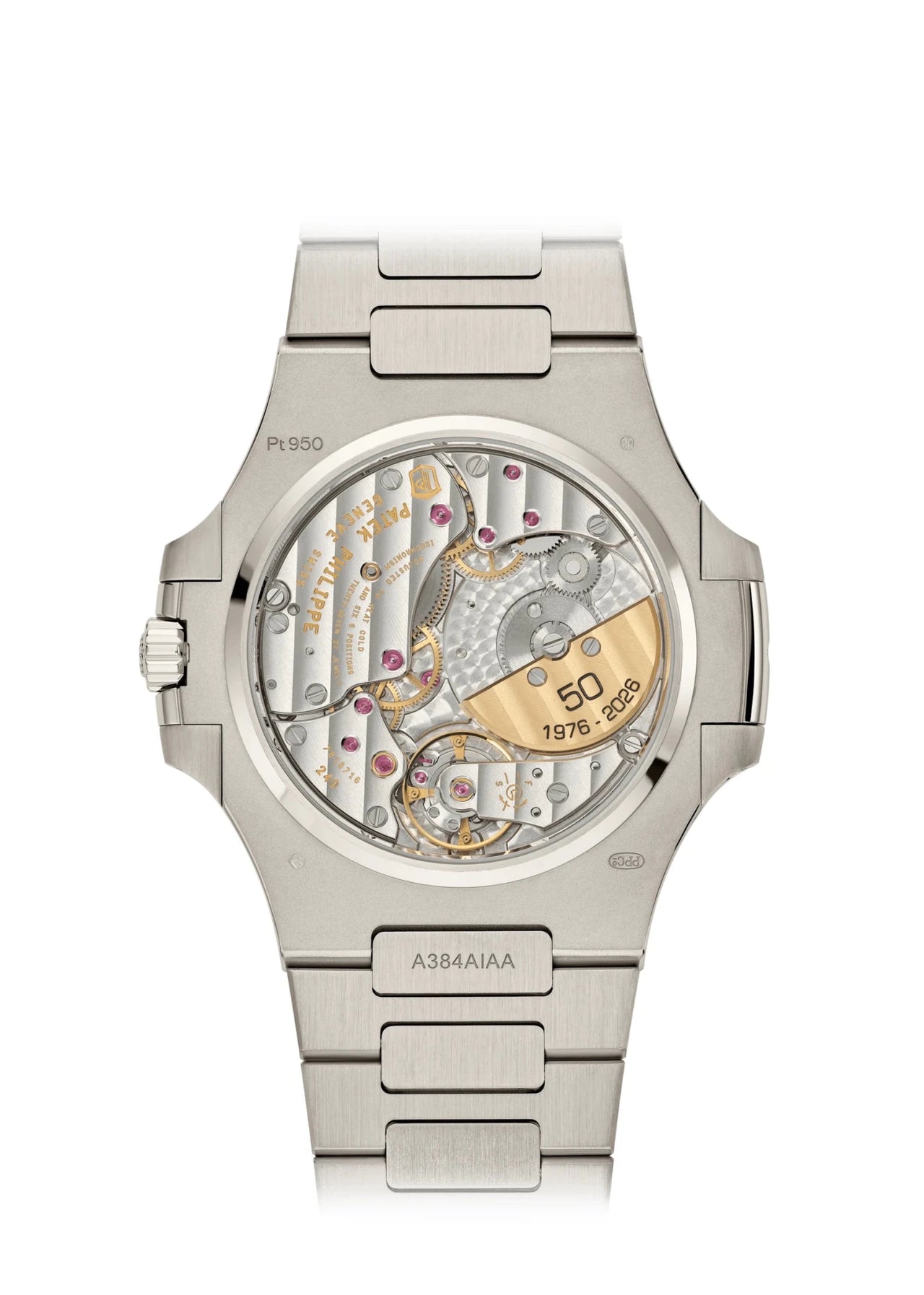 Patek Philippe Nautilus 50th Anniversary 38mm Platinum Sunburst Blue Embossed Dial Platinum Bracelet (Ref 5610/1P-001) - WatchesOff5thWatch