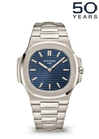 Thumbnail for Patek Philippe Nautilus 50th Anniversary 38mm Platinum Sunburst Blue Embossed Dial Platinum Bracelet (Ref 5610/1P-001) - WatchesOff5thWatch