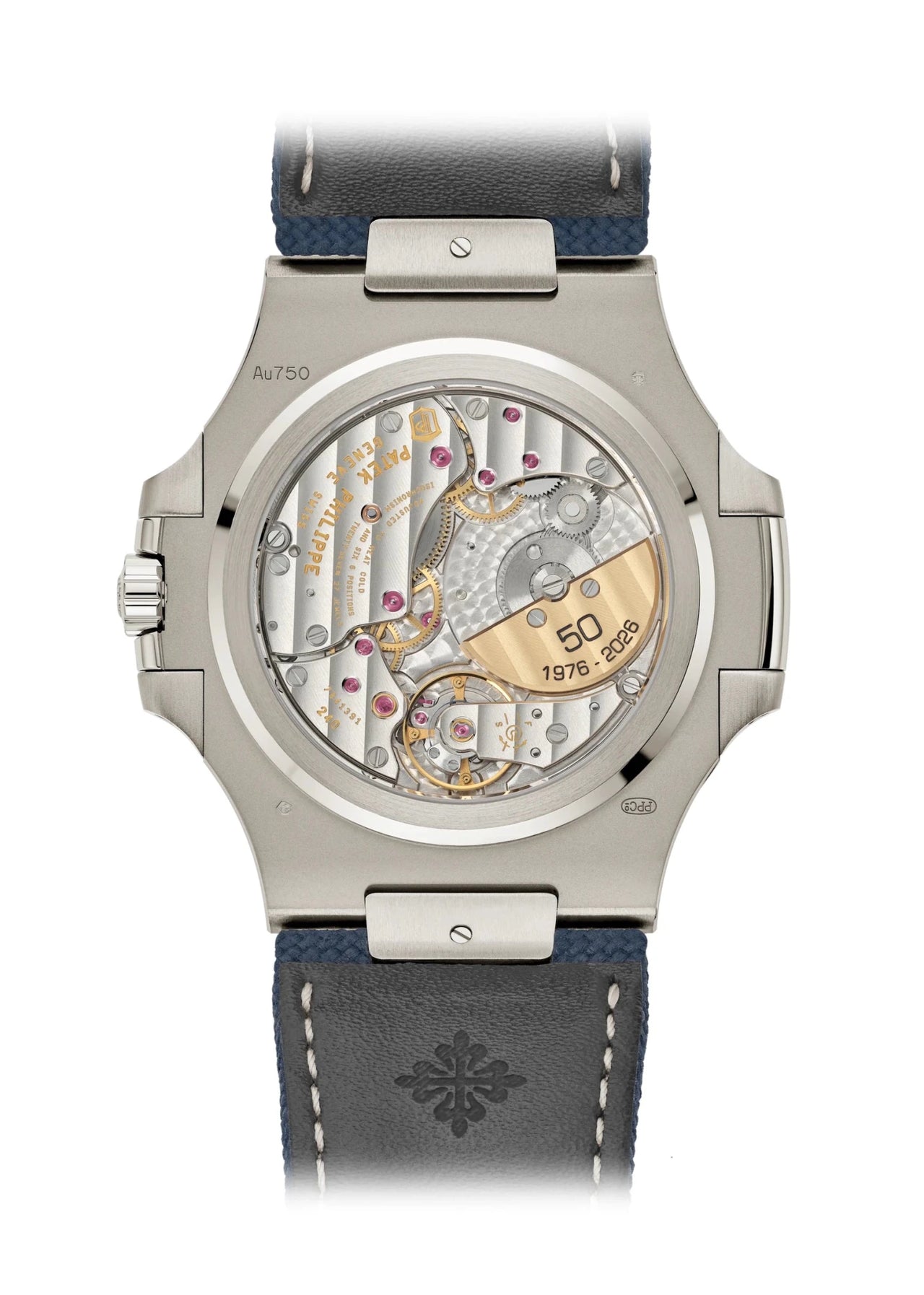 Patek Philippe Nautilus 50th Anniversary 41mm 18K White Gold Sunburst Blue Embossed Dial Baguette Diamond Hour Markers (Ref 5810G-001) - WatchesOff5thWatch