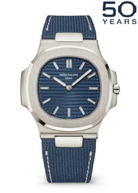 Thumbnail for Patek Philippe Nautilus 50th Anniversary 41mm 18K White Gold Sunburst Blue Embossed Dial Baguette Diamond Hour Markers (Ref 5810G-001) - WatchesOff5thWatch