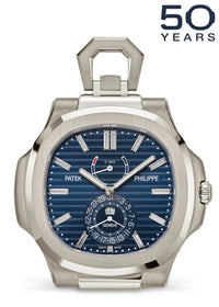 Thumbnail for Patek Philippe Nautilus 50th Anniversary Desk Clock 50.65mm 18K White Gold Sunburst Blue Embossed Dial Baguette Diamond Hour Markers (Ref 958G-001) - WatchesOff5thWatch