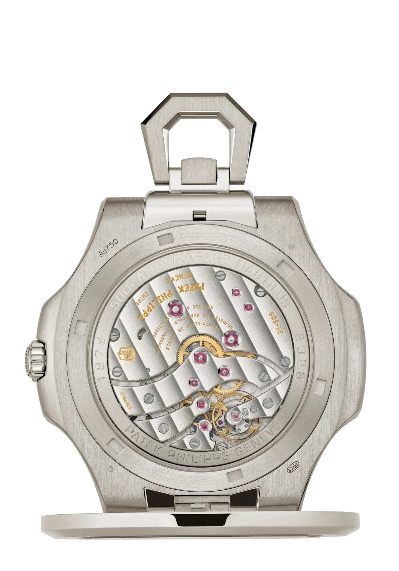 Patek Philippe Nautilus 50th Anniversary Desk Clock 50.65mm 18K White Gold Sunburst Blue Embossed Dial Baguette Diamond Hour Markers (Ref 958G-001) - WatchesOff5thWatch