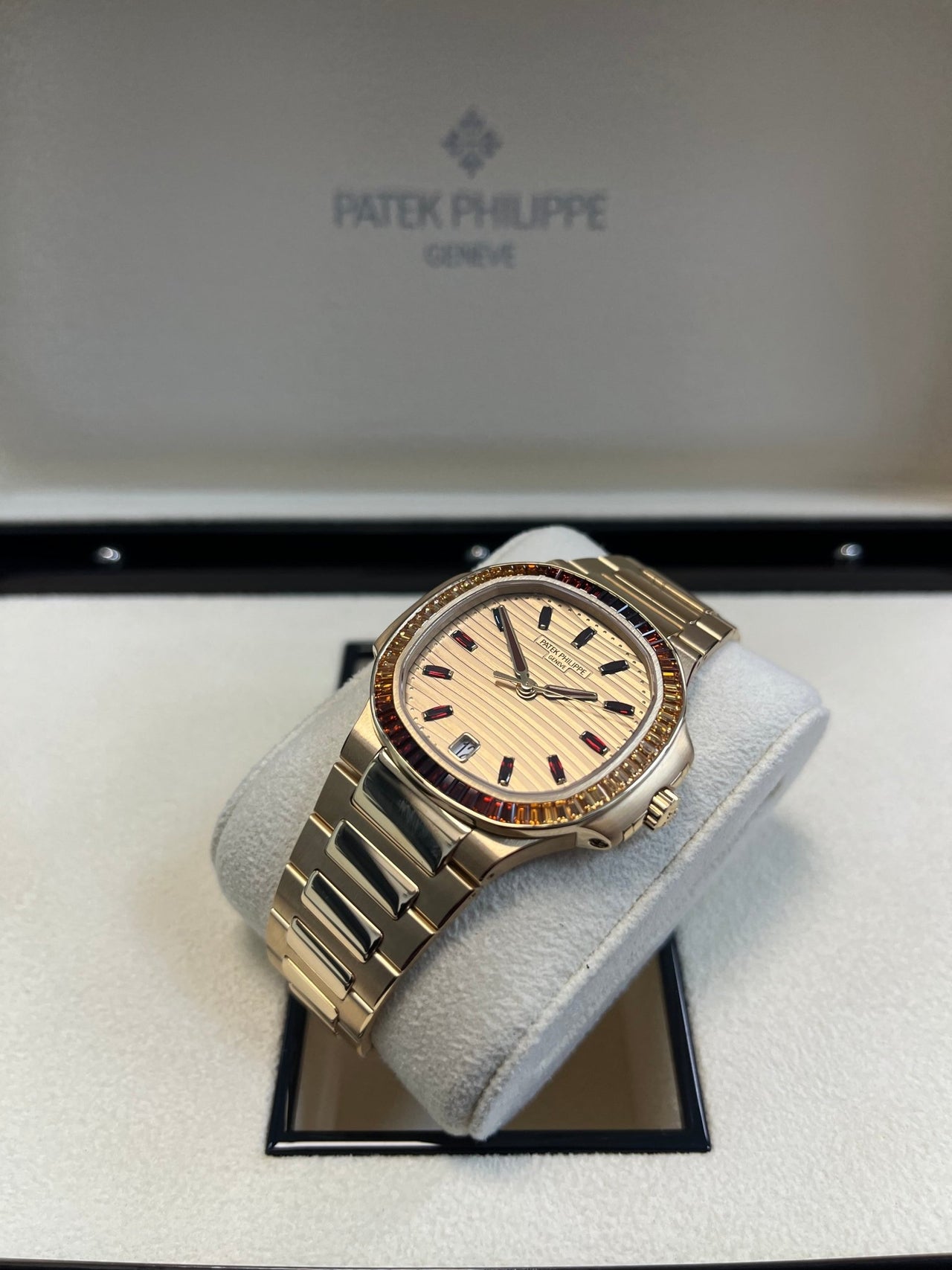 Patek Philippe Nautilus Automatic Rose Gold Baguette Cognac Bezel 7118/1300R - 001 - WatchesOff5thWatch