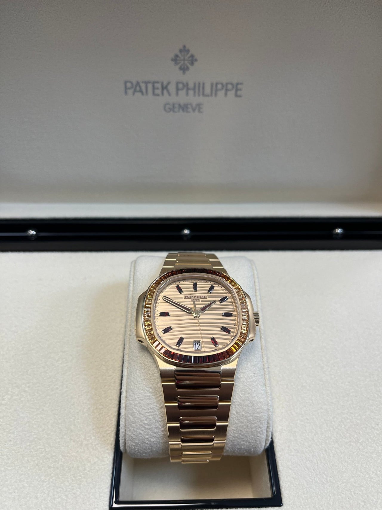 Patek Philippe Nautilus Automatic Rose Gold Baguette Cognac Bezel 7118/1300R - 001 - WatchesOff5thWatch