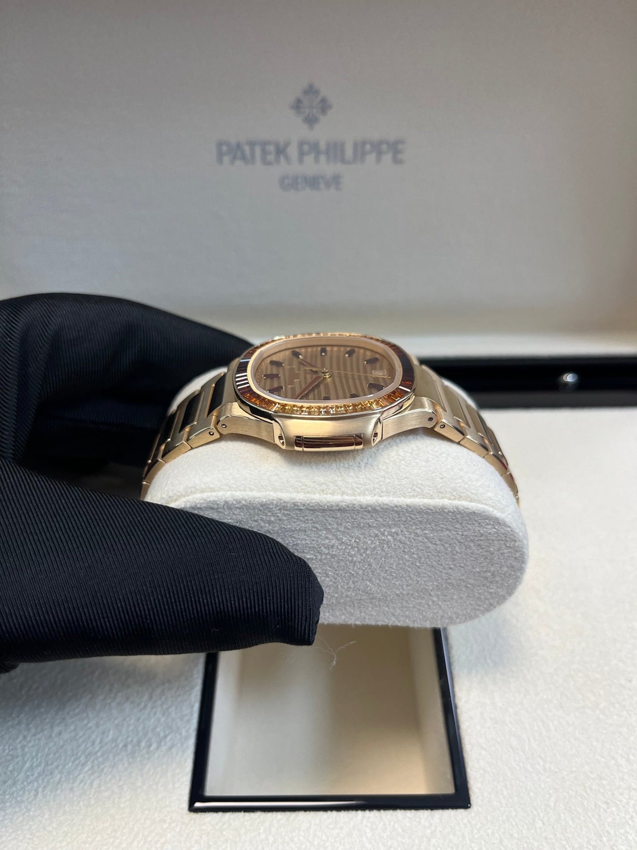 Patek Philippe Nautilus Automatic Rose Gold Baguette Cognac Bezel 7118/1300R - 001 - WatchesOff5thWatch