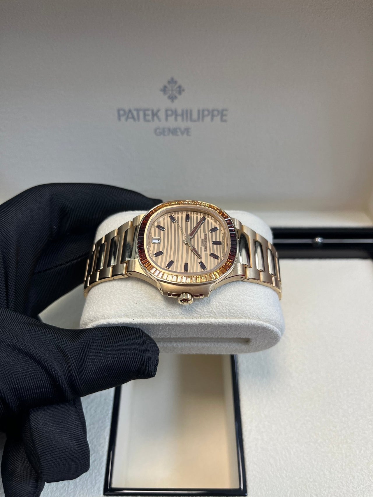 Patek Philippe Nautilus Automatic Rose Gold Baguette Cognac Bezel 7118/1300R - 001 - WatchesOff5thWatch