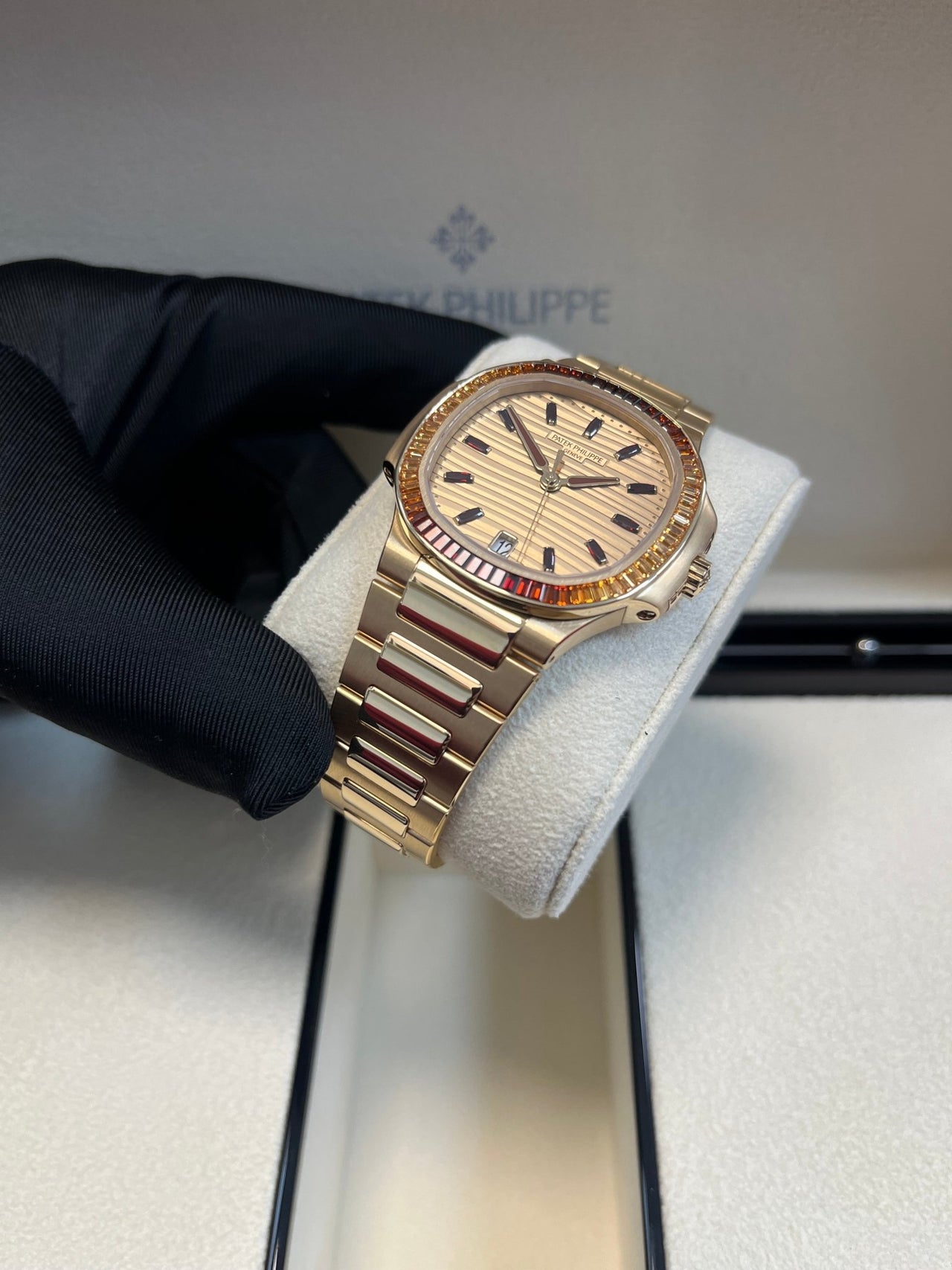 Patek Philippe Nautilus Automatic Rose Gold Baguette Cognac Bezel 7118/1300R - 001 - WatchesOff5thWatch