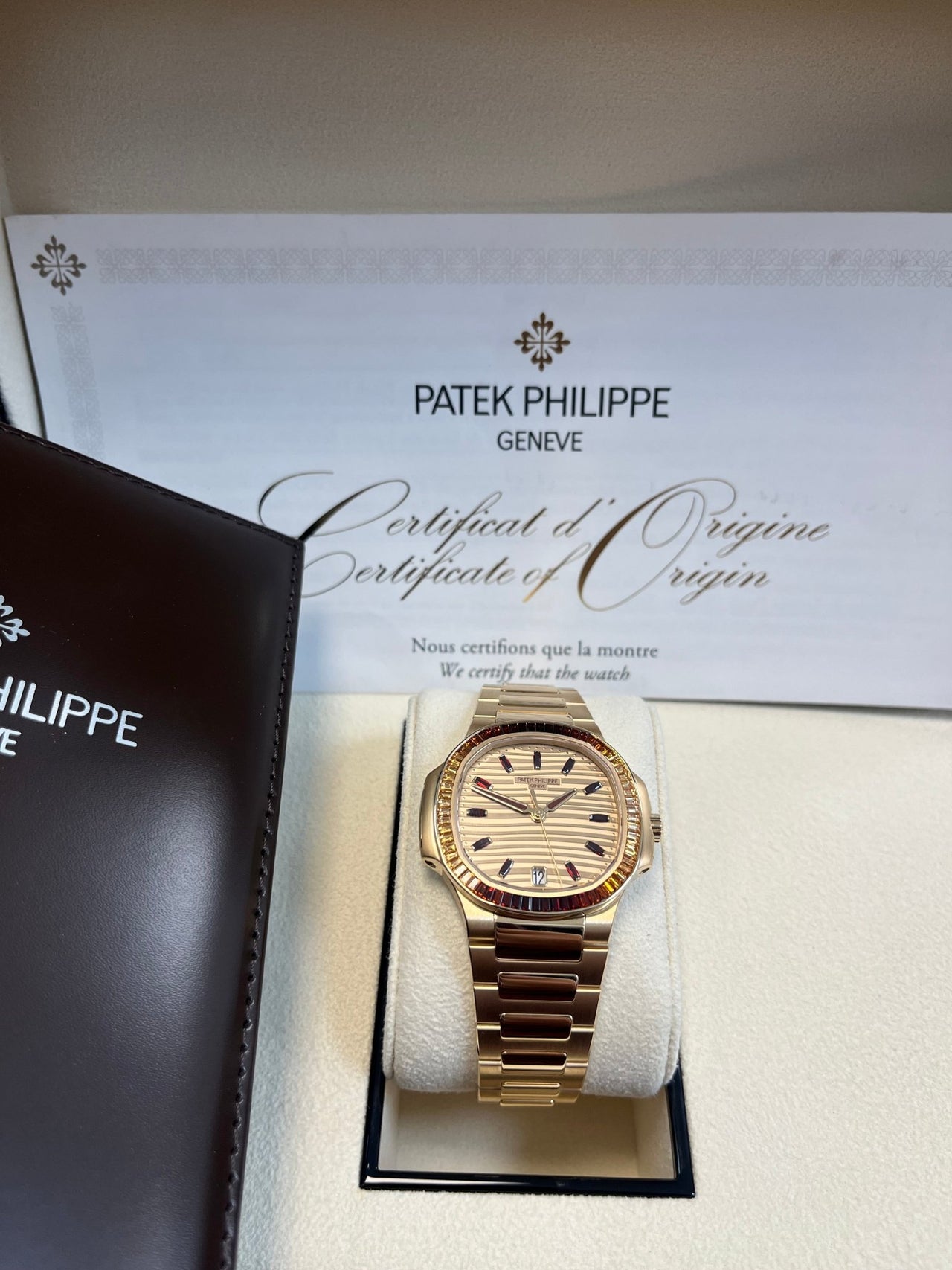 Patek Philippe Nautilus Automatic Rose Gold Baguette Cognac Bezel 7118/1300R - 001 - WatchesOff5thWatch