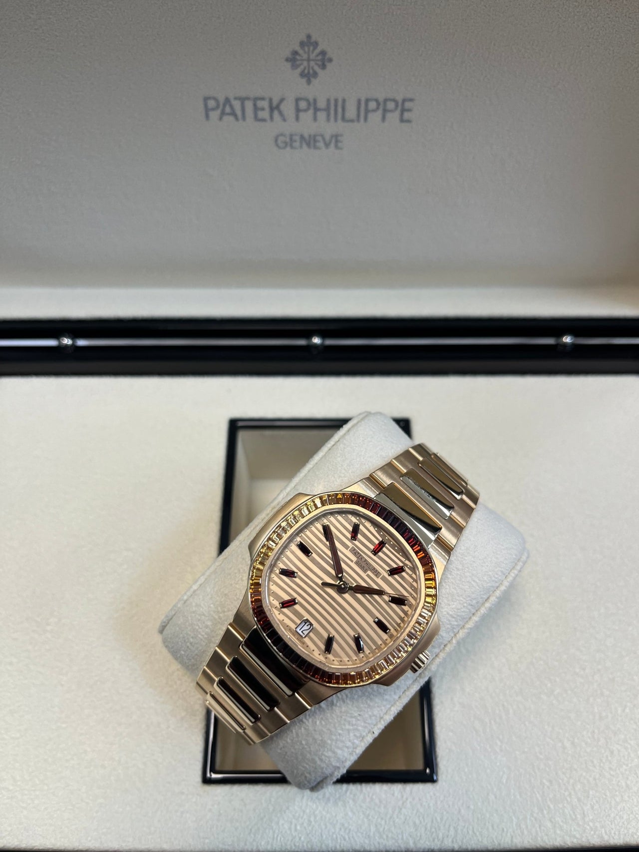 Patek Philippe Nautilus Automatic Rose Gold Baguette Cognac Bezel 7118/1300R - 001 - WatchesOff5thWatch