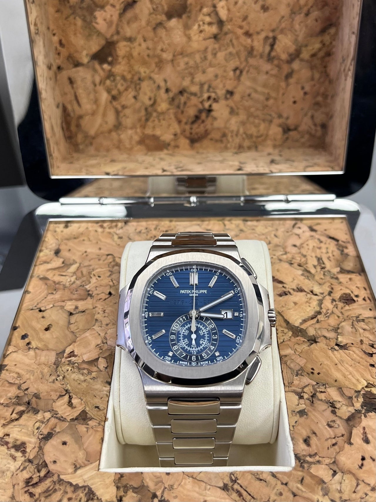 Patek Philippe Nautilus Chronograph White Gold Blue Dial 44mm Reference # 5976 - WatchesOff5thWatch