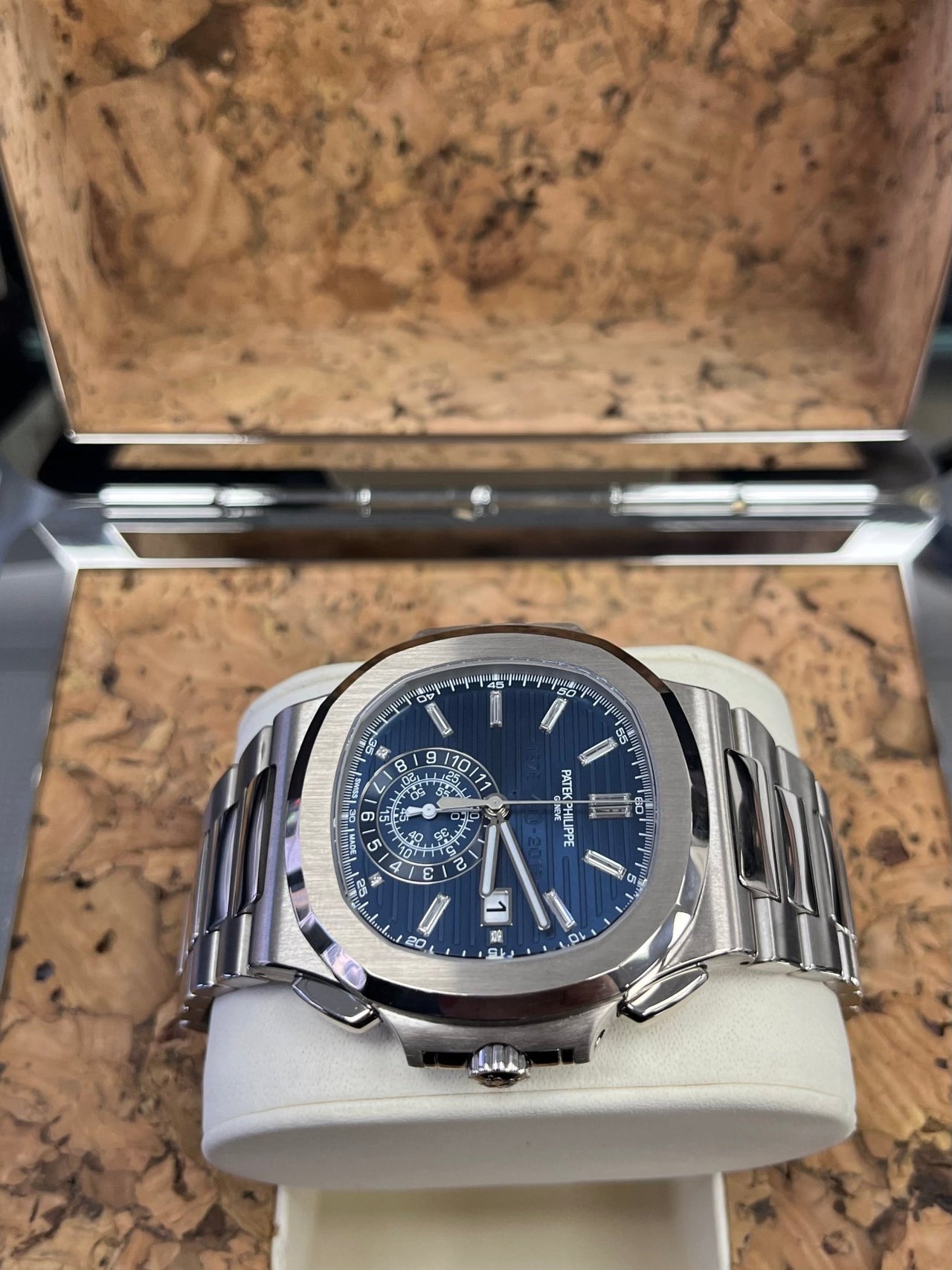 Patek Philippe Nautilus Chronograph White Gold Blue Dial 44mm Reference # 5976 - WatchesOff5thWatch