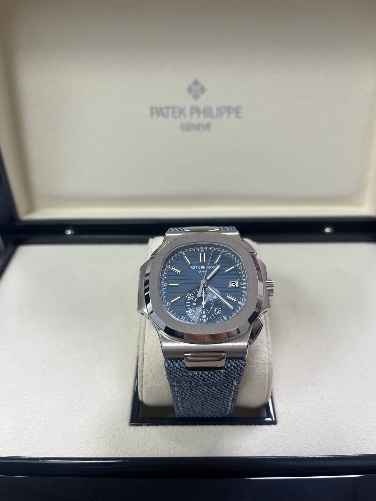 Patek Philippe Nautilus Flyback Chronograph White Gold Blue - Gray Dial 5980/60G - WatchesOff5th