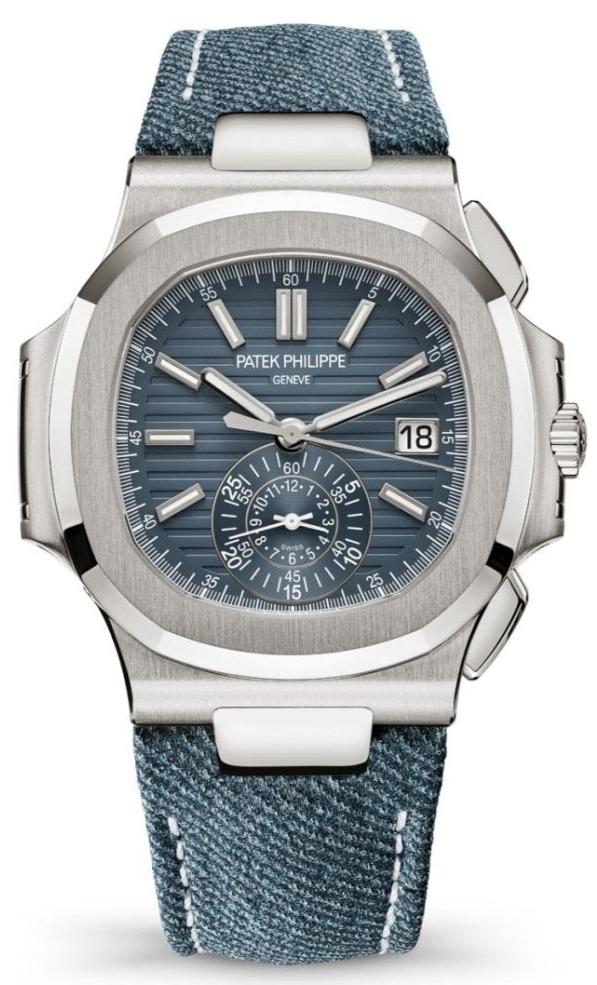 Patek Philippe Nautilus Flyback Chronograph White Gold Blue Gray Dial Watch 5980 60G