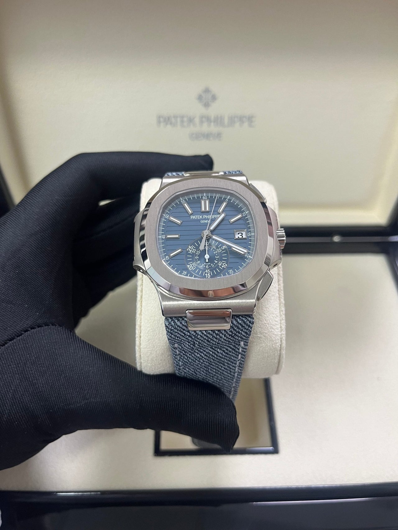 Patek Philippe Nautilus Flyback Chronograph White Gold Blue - Gray Dial 5980/60G - WatchesOff5th