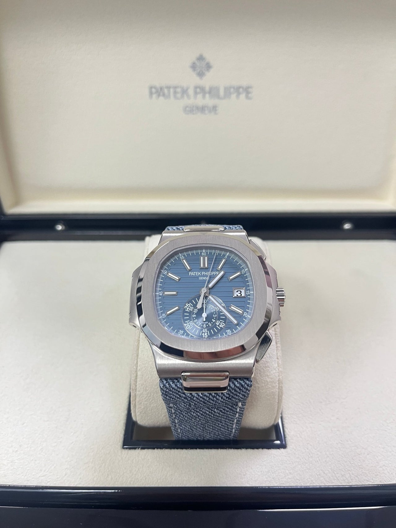 Patek Philippe Nautilus Flyback Chronograph White Gold Blue - Gray Dial 5980/60G - WatchesOff5th