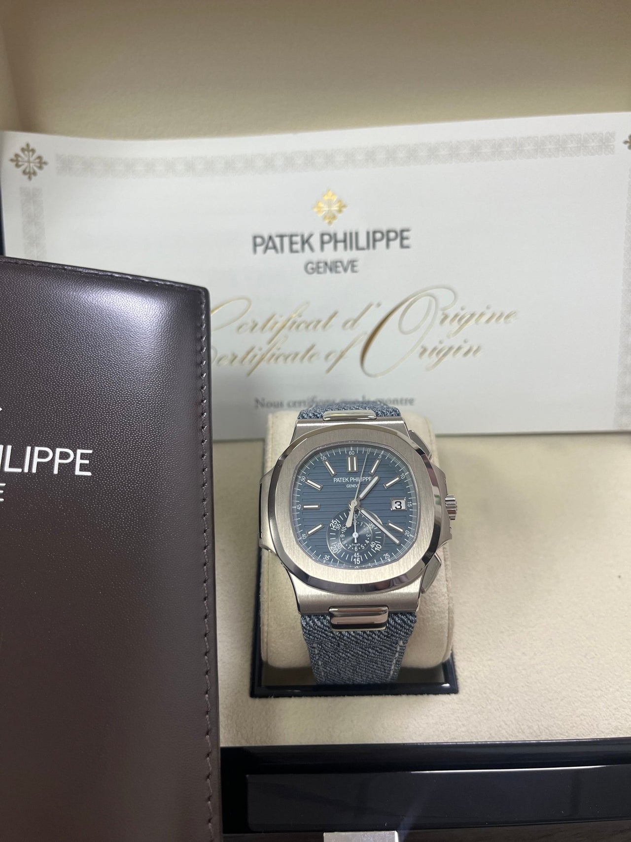 Patek Philippe Nautilus Flyback Chronograph White Gold Blue - Gray Dial 5980/60G - WatchesOff5th