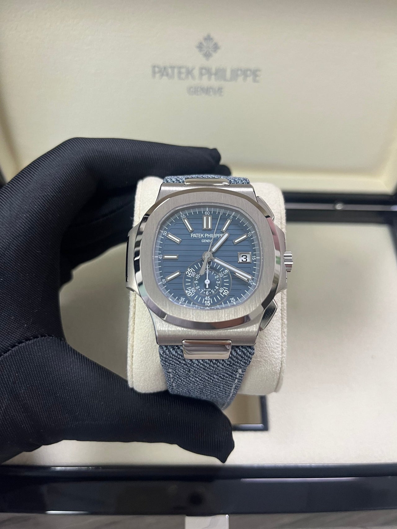 Patek Philippe Nautilus Flyback Chronograph White Gold Blue - Gray Dial 5980/60G - WatchesOff5th