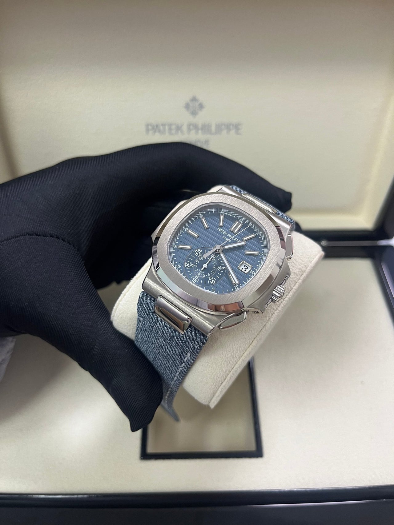 Patek Philippe Nautilus Flyback Chronograph White Gold Blue - Gray Dial 5980/60G - WatchesOff5th